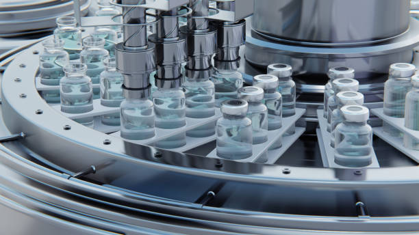 istock Close up 3d render. Vaccine manufacturing, machine puts caps on bottles vials passing on conveyor belt. Clear blue liquid. 1455725427
