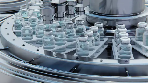 Close up 3d render. Vaccine manufacturing, machine puts caps on bottles vials passing on conveyor belt. Clear blue liquid.
Pharmaceutical company production line 3d rendering.