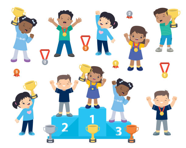 Multi-ethnic children with medals and trophies, Victory stand, Sports pedestal, Medalists kids standing on competition winner podium clip art, Kawaii style flat illustrations Multi-ethnic children with medals and trophies standing on the victory stand, Sports pedestal, Medalists kids standing on competition winner podium clip art, Kawaii style flat illustrations multi medal stock illustrations