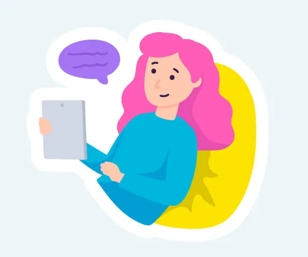 Vector illustration of Happy woman chatting online at smartphone. Stay at home. Vector illustration in cartoon sticker design