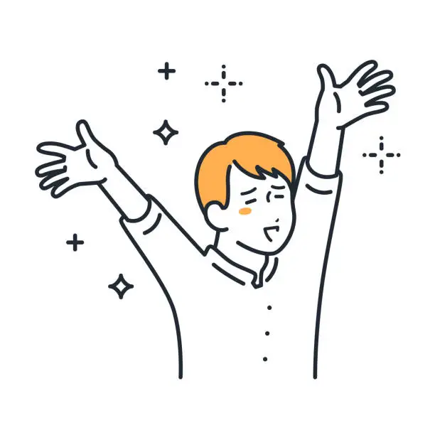 Vector illustration of A simple vector illustration material of a young man who is happy to raise his hands