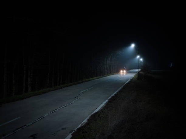 istock A trip on a rural forest road in a fog at night 1455728016