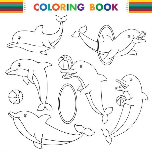 Vector illustration of Dolphin Coloring Page Colored Illustration