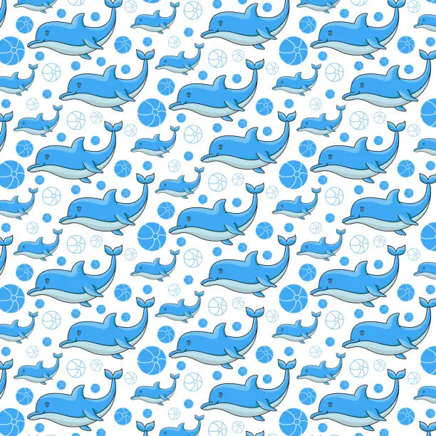 Vector illustration of seamless pattern with dolphins and balls