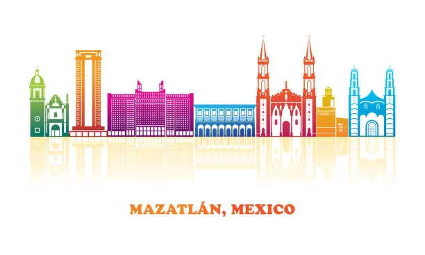 Vector illustration of Colourfull Skyline panorama of city of Mazatlan, Mexico