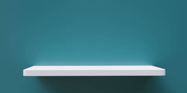 istock Empty white color shelf on blue wall background. Room interior, ad template, space. 3d render 1455731915