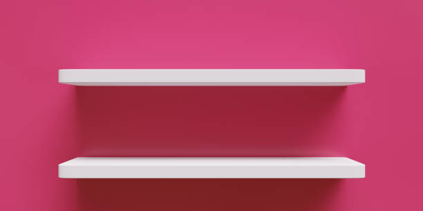 istock Two empty white shelf on magenta color wall background. Advertising template. 3d render 1455731928