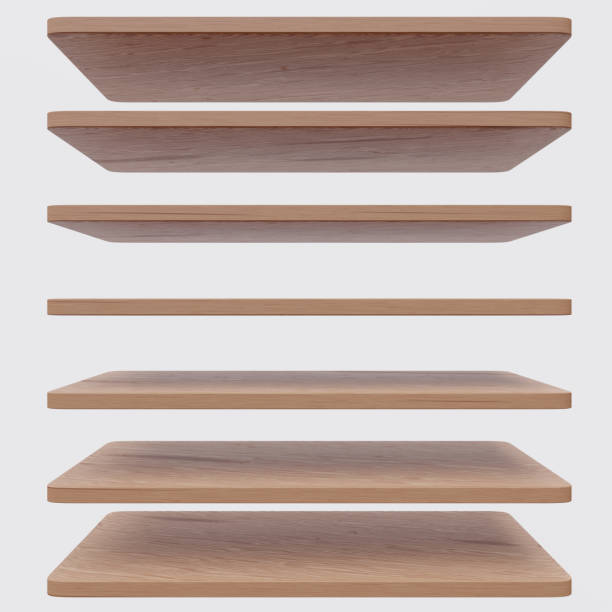 istock Wooden empty shelf isolated cutout on white color wall background. Ad template. 3d render 1455731938