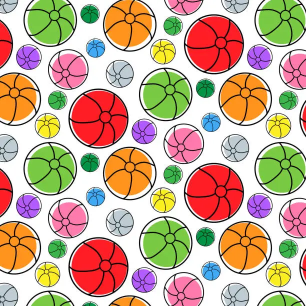 Vector illustration of Seamless pattern with colorful beach balls on white background. Baby pattern.