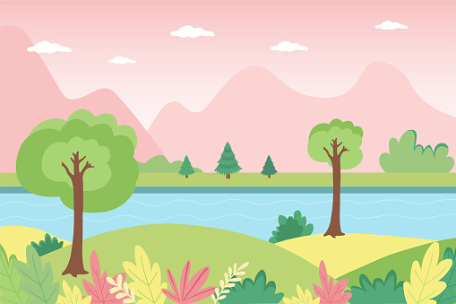 Spring landscape of mountainous terrain, trees and birds. Cute vector illustration in flat style