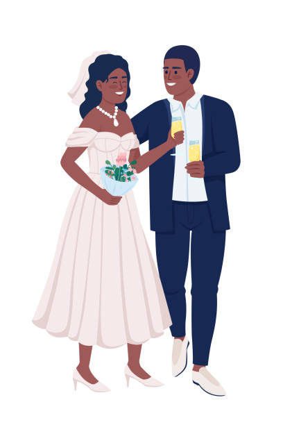 ilustrações, clipart, desenhos animados e ícones de casal sorridente celebrando o casamento semi flat cor vetor personagens - wedding african descent american culture bride