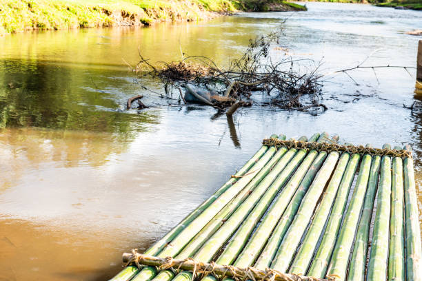 Bamboo raft beside the river in Mueang Khong district, Thailand.