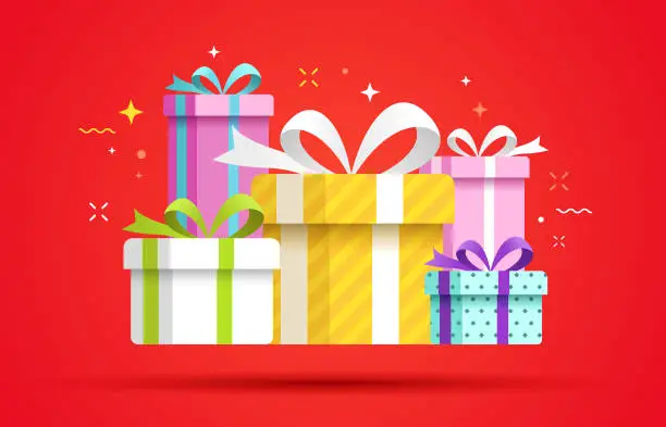 Vector illustration of Holiday gifts and stack of wrapped presents for Christmas