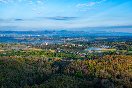 Top view of Prathat Cho Hae temple with native village in Phrae province, Thailand.