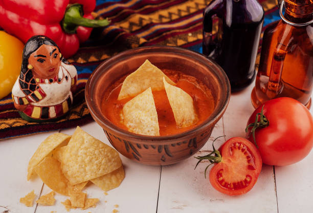 istock Yellow tortilla chips and salsa on white table 1455737570
