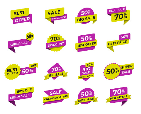Sale tags collection. Special offer, big sale, discount, best price, mega sale banner set. Flat design of shopping or online shopping. Sticker, badge, coupon.