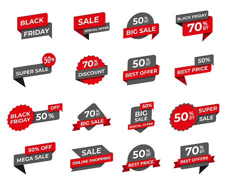 Black friday sale tags collection. Special offer, big sale, discount, best price, mega sale banner set. Flat design of shopping or online shopping.