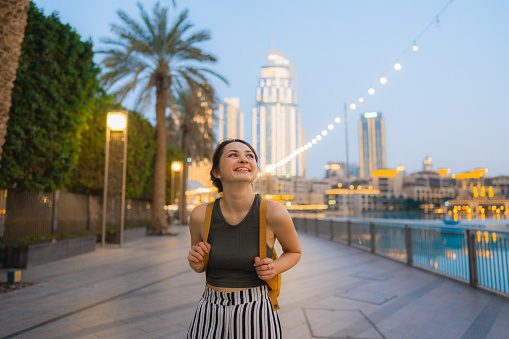 Young Caucasian woman walking in Dubai