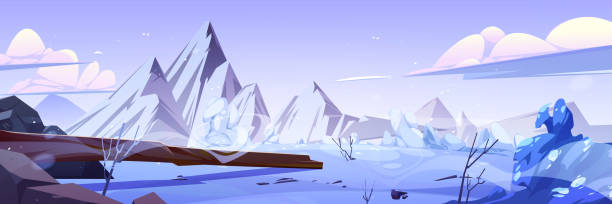 ilustrações de stock, clip art, desenhos animados e ícones de cartoon winter scenery with rocky mountains - mountain mountain range snow cloudscape