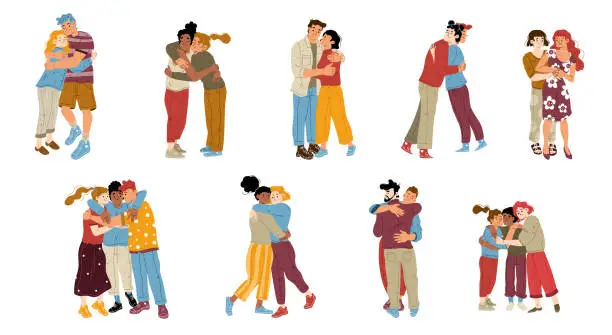 Vector illustration of Happy friends and couples hug