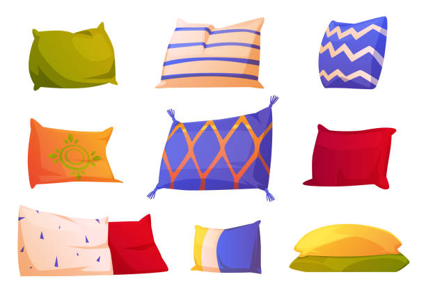 Cartoon set of colorful pillows isolated on white Cartoon set of colorful pillows isolated on white background. Vector illustration of rectangular and square cushions with different ornaments for healthy sleep. Home interior textile for sofa or bed cushion stock illustrations