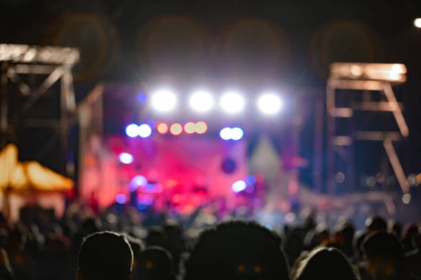 istock Silhouettes of concert crowd with stage lights 1455743032