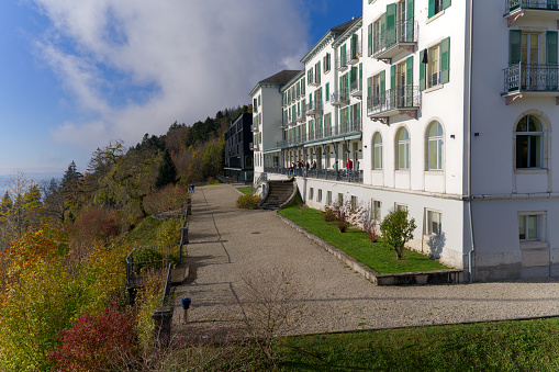 Terrace of Grand Hotel at village of Magglingen on a sunny autumn day. Photo taken November 10th, 2022, Magglingen, Switzerland.