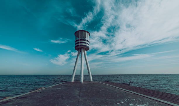 Lifeguard tower with seascape in the background