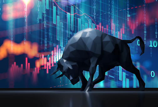 silhouette form of bull on financial stock market graph represent stock market rising or uptrend investment 3d illustration