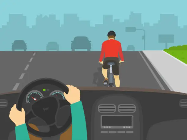 Vector illustration of Hands holding a steering wheel. Driver overtaking a cyclist on highway. Back view of cycling bike rider.