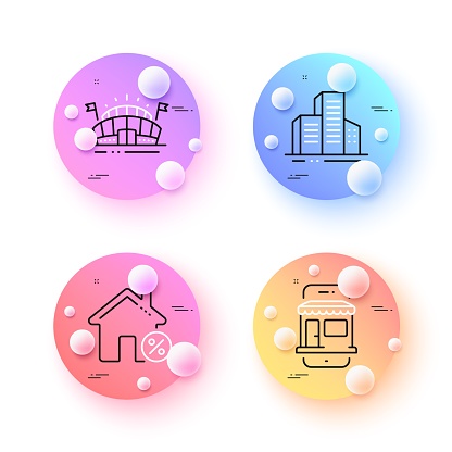 Loan house, Sports arena and Buildings minimal line icons. 3d spheres or balls buttons. Marketplace icons. For web, application, printing. Discount percent, Event stadium, City architecture. Vector