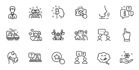Outline set of Couple, Click hand and Freezing line icons for web application. Talk, information, delivery truck outline icon. Include Sick man, People chatting, Bitcoin think icons. Vector