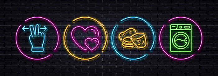 Hearts, Potato and Touchscreen gesture minimal line icons. Neon laser 3d lights. Washing machine icons. For web, application, printing. Romantic relationships, Fresh vegetable, Swipe. Laundry. Vector