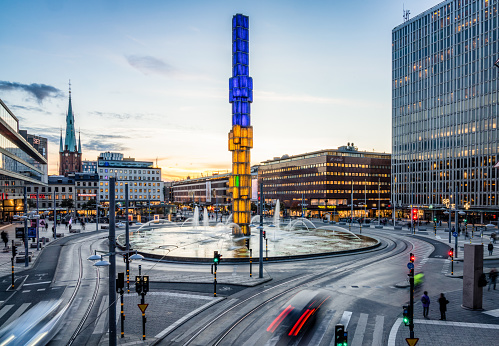 Stockholm, Sweden - A view over Sergels Torg square in downtown Stockholm at sunset following a sunny day in September.