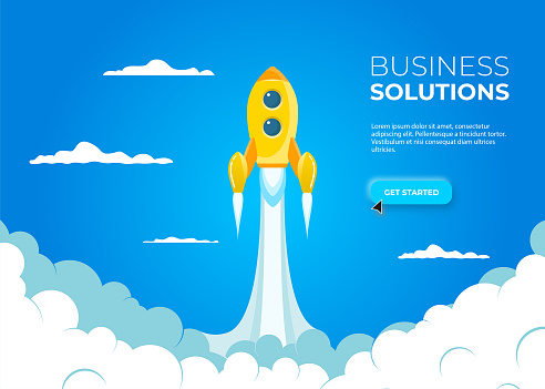Boost your business landing page template. Spaceship takes off into space. Startup banner concept