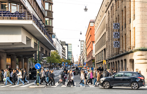 Stockholm, Sweden - A busy pedestrian crossing in downtown Stockholm's Norrmalm district.