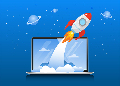 Business concept of successful project startup, rocket launch on laptop