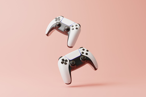 Flying gamepad on a pink background with copy space. Joystick for video game. Game controller. Creative Minimal Gaming concept. Front view. 3D rendering illustration