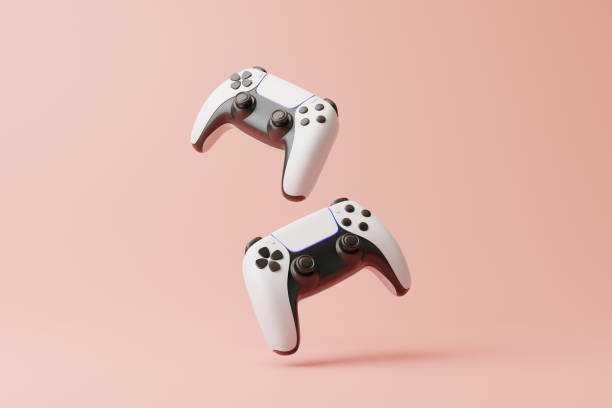 flying gamepad on a pink background with copy space. joystick for video game. game controller. creative minimal gaming concept. front view. 3d rendering illustration - joystick gamepad control joypad imagens e fotografias de stock