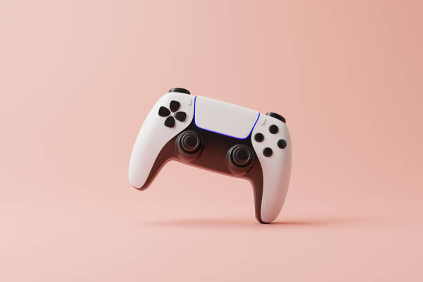 istock Flying gamepad on a pink background with copy space. Joystick for video game. Game controller. Creative Minimal Gaming concept. Front view. 3D rendering illustration 1455747220