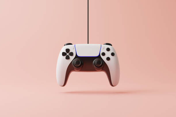 istock Flying gamepad on a pink background with copy space. Joystick for video game. Game controller. Creative Minimal Gaming concept. Front view. 3D rendering illustration 1455747241