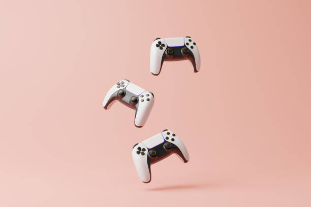 istock Flying gamepad on a pink background with copy space. Joystick for video game. Game controller. Creative Minimal Gaming concept. Front view. 3D rendering illustration 1455747257