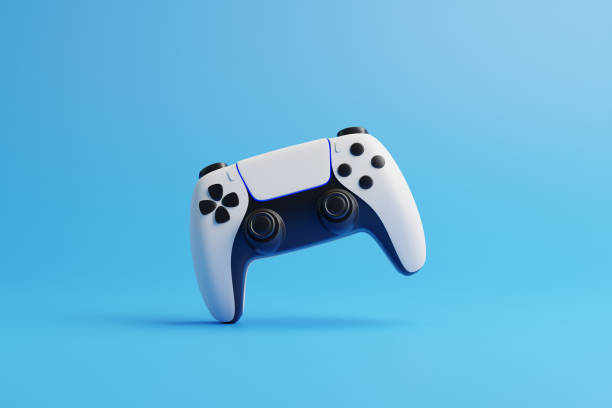 istock Flying gamepad on a blue background with copy space. Joystick for video game. Game controller. Creative Minimal Gaming concept. Front view. 3D rendering illustration 1455747274