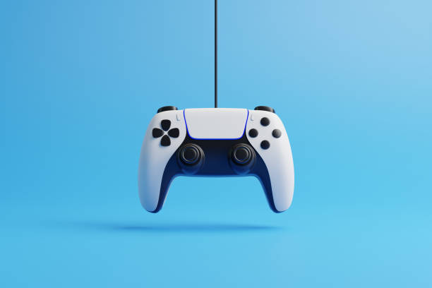 istock Flying gamepad on a blue background with copy space. Joystick for video game. Game controller. Creative Minimal Gaming concept. Front view. 3D rendering illustration 1455747292