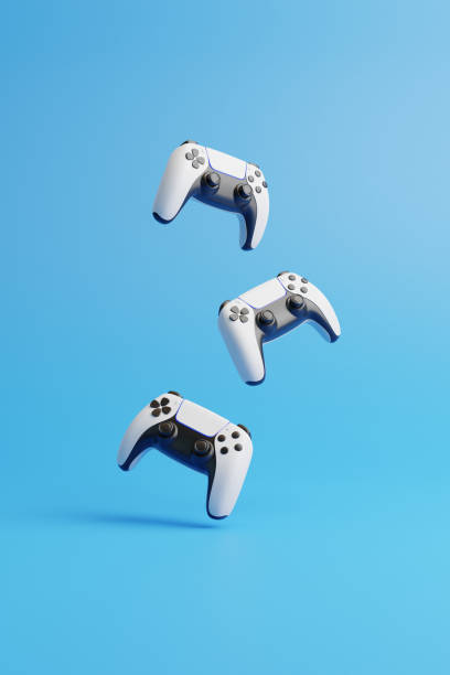 istock Flying gamepad on a blue background with copy space. Joystick for video game. Game controller. Creative Minimal Gaming concept. Front view. 3D rendering illustration 1455747301