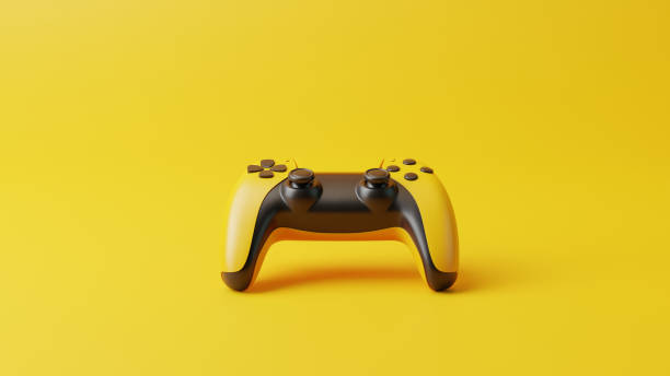 istock Gamepad on a yellow background with copy space. Joystick for video game. Game controller. Creative Minimal Gaming concept. Front view. 3D rendering illustration 1455747368