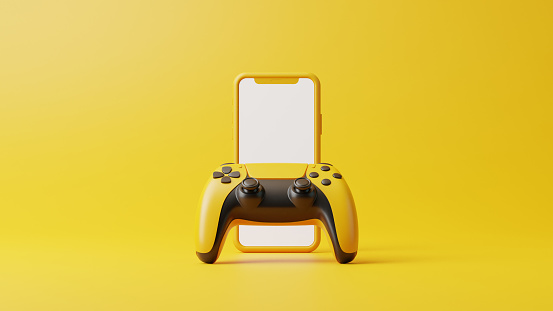 Gamepad and phone on a yellow background with copy space. Joystick for video game. Game controller. Creative Minimal Gaming concept. Front view. 3D rendering illustration