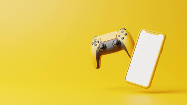 istock Flying gamepad and phone on a yellow background with copy space. Joystick for video game. Game controller. Creative Minimal Gaming concept. Front view. 3D rendering illustration 1455747434