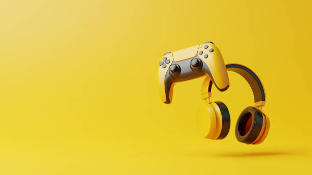 istock Flying gamepad and headphone on a yellow background with copy space. Joystick for video game. Game controller. Creative Minimal Gaming concept. Front view. 3D rendering illustration 1455747435