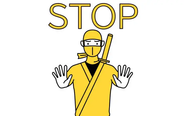 Vector illustration of A man dressed up as a ninja with his hand out in front of his body, signaling a stop.